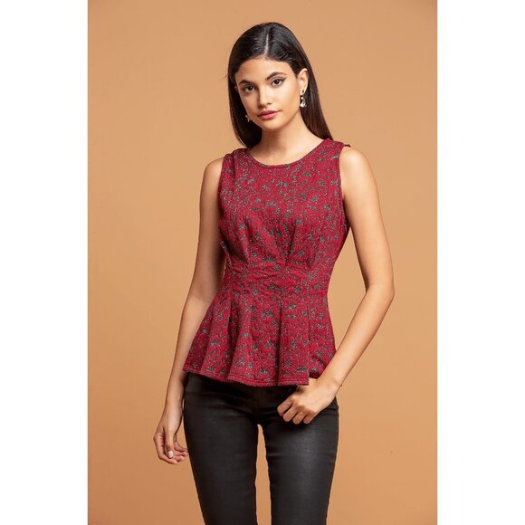 Anthropologie Eva Franco Metallic Sleeveless Peplum Top Tank Burgundy - Picture 5 of 5